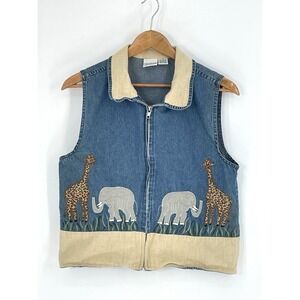 Carolina Colours Womens Med Vest Jean Animal Graphics Elephant Giraffe Full Zip